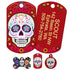 Front and back of Day of the Dead dog ID tag showing sugar-skull design and sample engraved contact info on white background