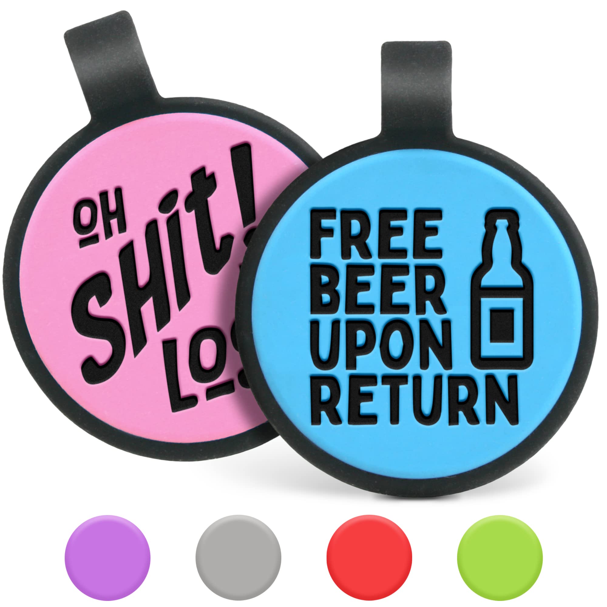 Front view of two silent silicone dog ID tags showing FREE BEER UPON RETURN and OH SHIT! engravings on blue and pink tags