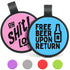 Front view of two silent silicone dog ID tags showing FREE BEER UPON RETURN and OH SHIT! engravings on blue and pink tags