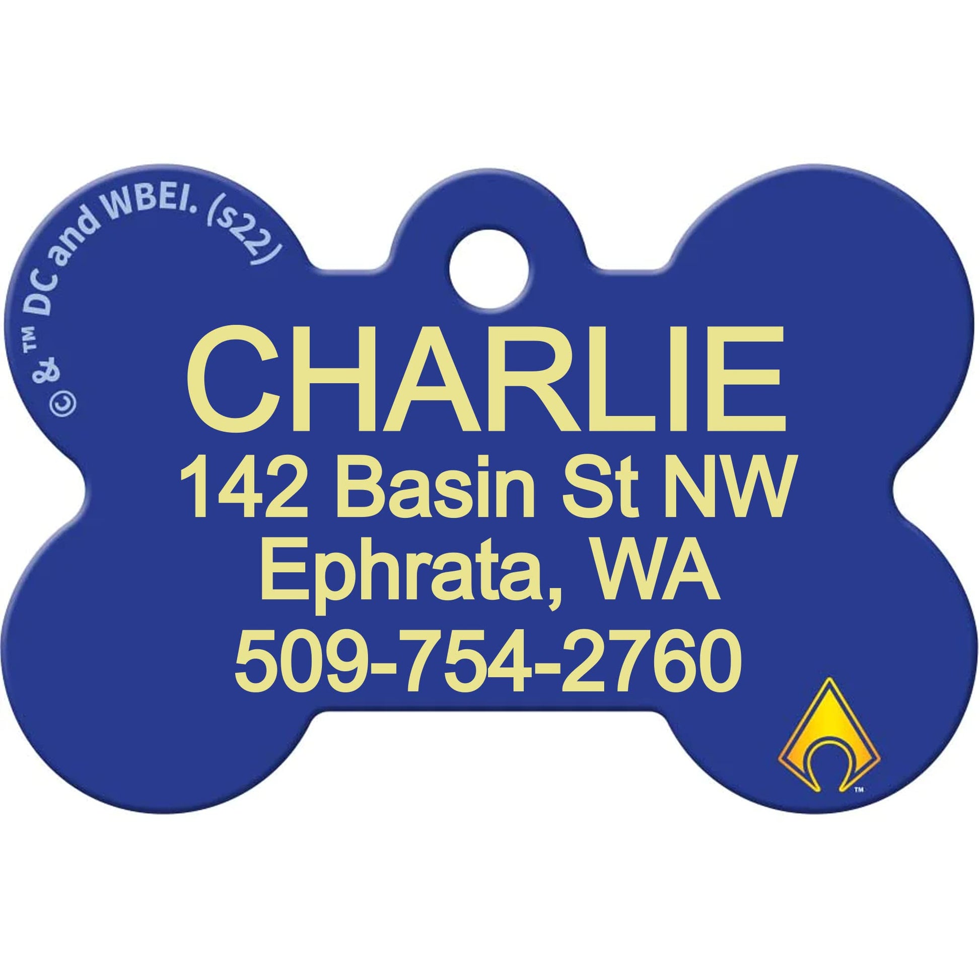 Close-up front of DC Comics bone-shaped dog ID tag showing yellow CHARLIE name and UV-cured hero logo on white background