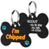 Front and back view of black acrylic bone dog ID tag showing front text I’m chipped and personalized back on white background
