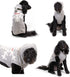 Multiple views of Snowflake Dog Sweater with hood, showing white snowflake pattern, pompom, and red embroidered name Roscoe