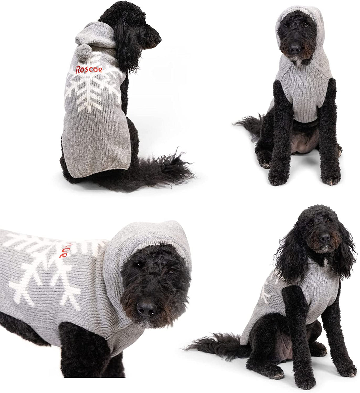 Multiple views of Snowflake Dog Sweater with hood, showing white snowflake pattern, pompom, and red embroidered name Roscoe