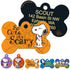 Front and back of Halloween Snoopy Dog ID Tag showcasing orange So Cute it’s Scary artwork and engraved contact