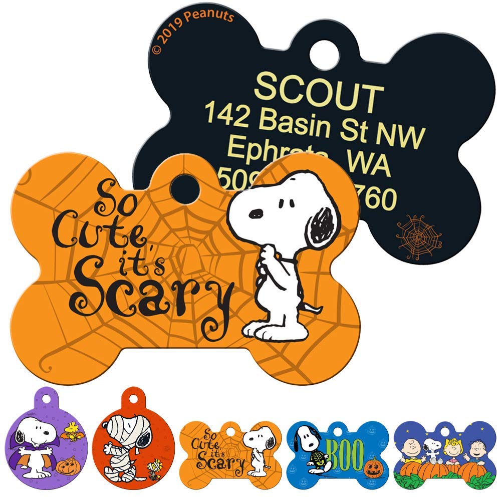 Front and back of Halloween Snoopy Dog ID Tag showcasing orange So Cute it’s Scary artwork and engraved contact