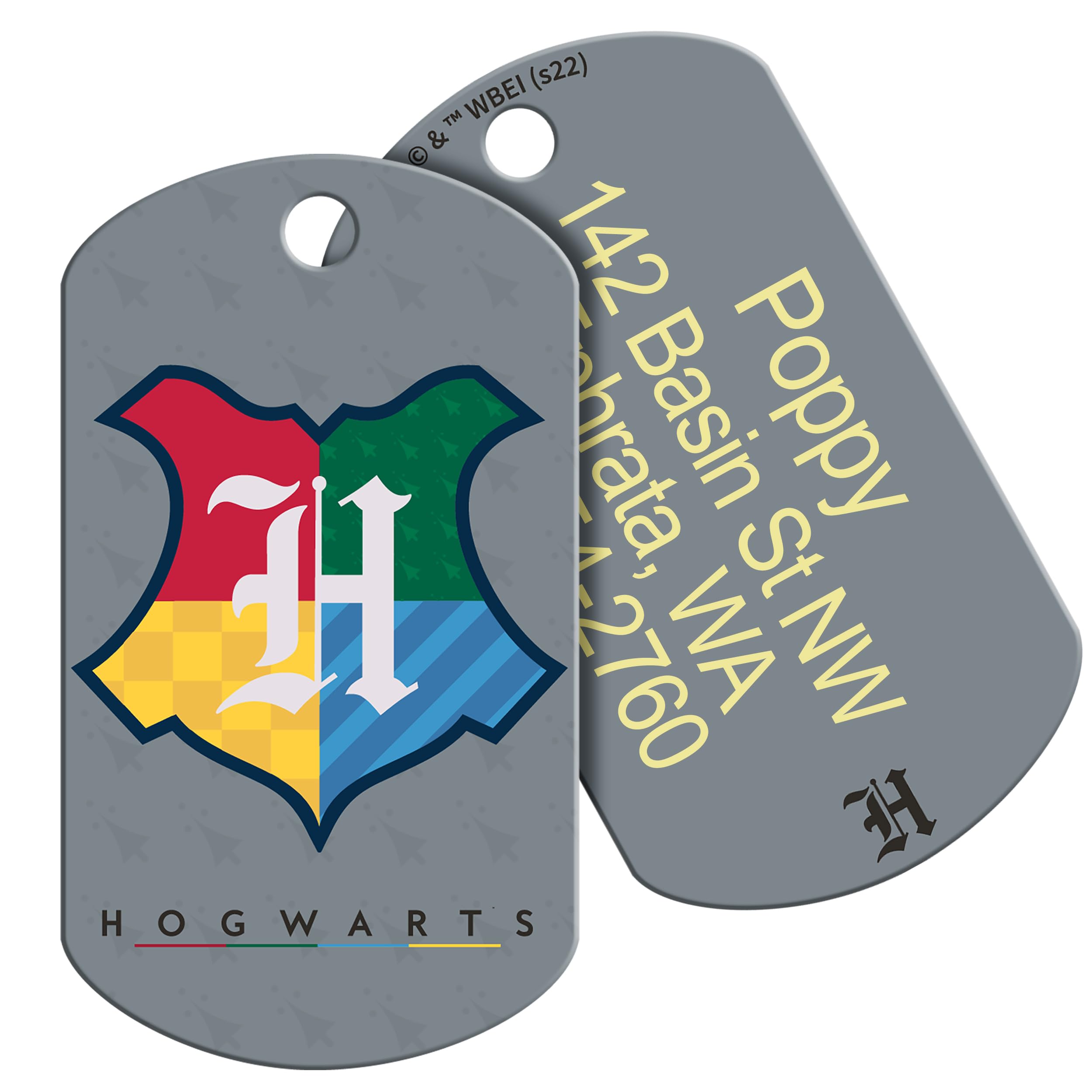 Front and back view of Harry Potter dog ID tag showing colorful Hogwarts crest and engraved contact lines on gray background