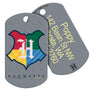 Front and back view of Harry Potter dog ID tag showing colorful Hogwarts crest and engraved contact lines on gray background