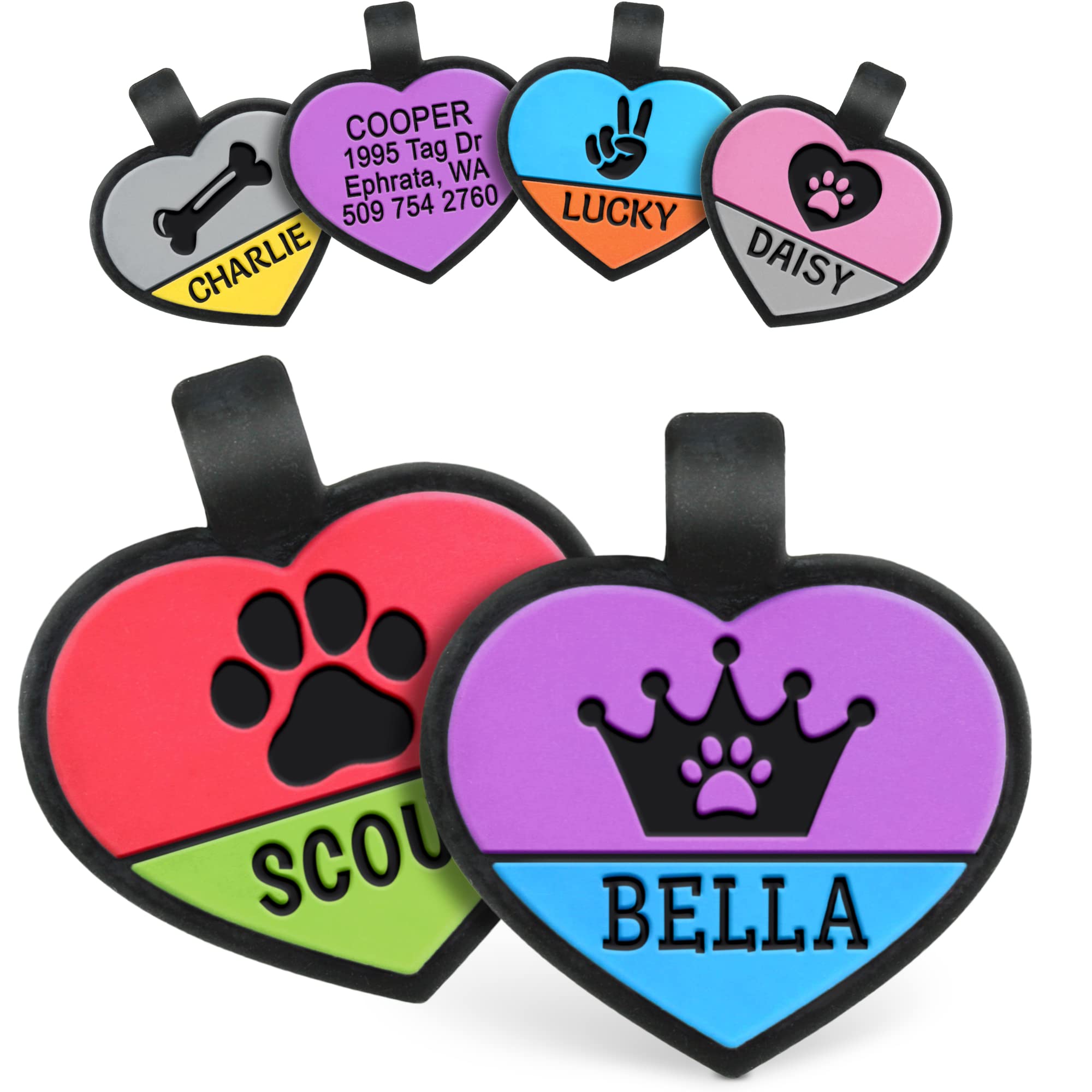 Front view of heart-shaped Two-Tone Silent Silicone Dog ID tag showcasing two-tone colors, paw and crown icons, and name engraving on white background