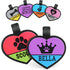 Front view of heart-shaped Two-Tone Silent Silicone Dog ID tag showcasing two-tone colors, paw and crown icons, and name engraving on white background