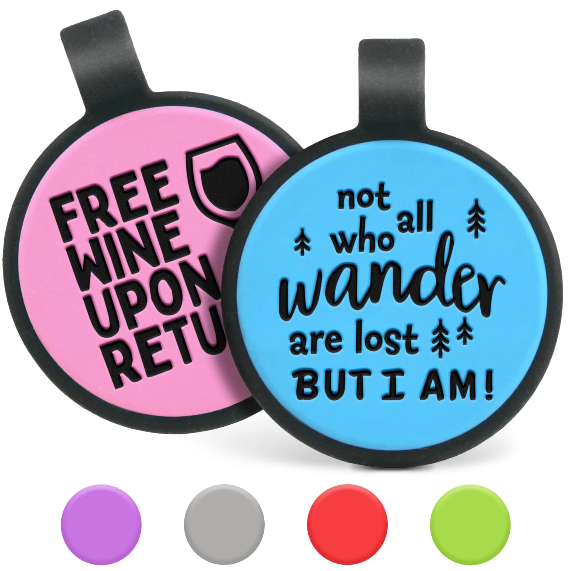 Close-up of Silent Silicone Funny Dog ID tags, pink and blue front designs with black collar tabs on white background