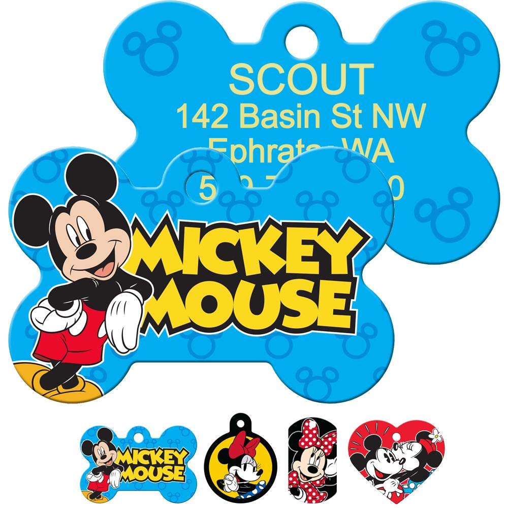Front and back of blue bone-shaped Mickey and Minnie Mouse dog ID tag showing large MICKEY MOUSE graphic on front and sample engraved back, solid brass with UV-cured paint