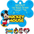Front and back of blue bone-shaped Mickey and Minnie Mouse dog ID tag showing large MICKEY MOUSE graphic on front and sample engraved back, solid brass with UV-cured paint
