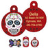 Front and back of round Day of the Dead dog tag showcasing colorful sugar-skull art and engraved name and phone number on a red back