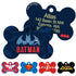 Angled front and back of DC Comics bone tag showing Batman logo, navy finish and sample engraved back text