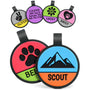 Front view of Two-Tone Silent Silicone Dog ID Tags showcasing assorted two-tone colors and engraved name and phone with white background