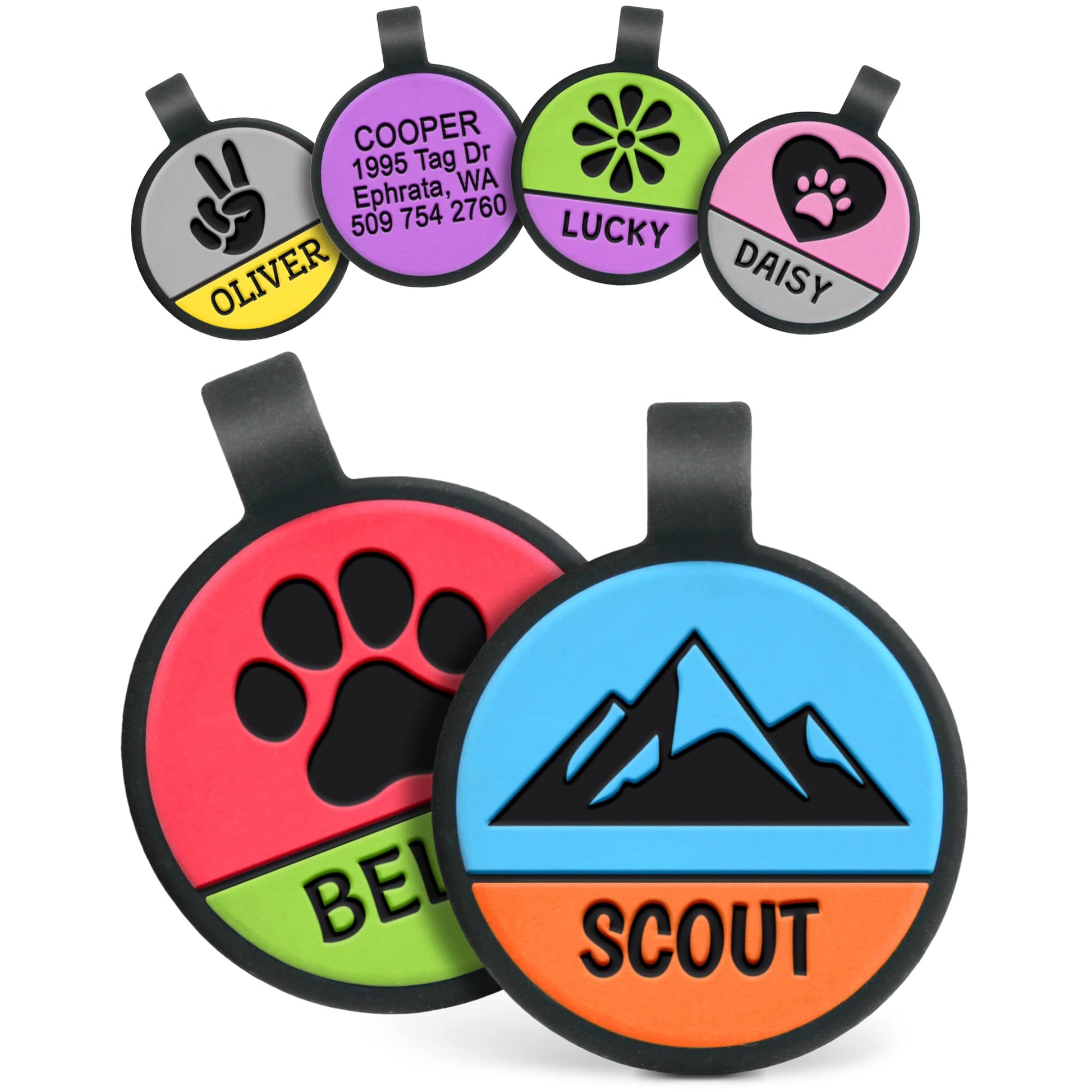 Front view of Two-Tone Silent Silicone Dog ID Tags showcasing assorted two-tone colors and engraved name and phone with white background
