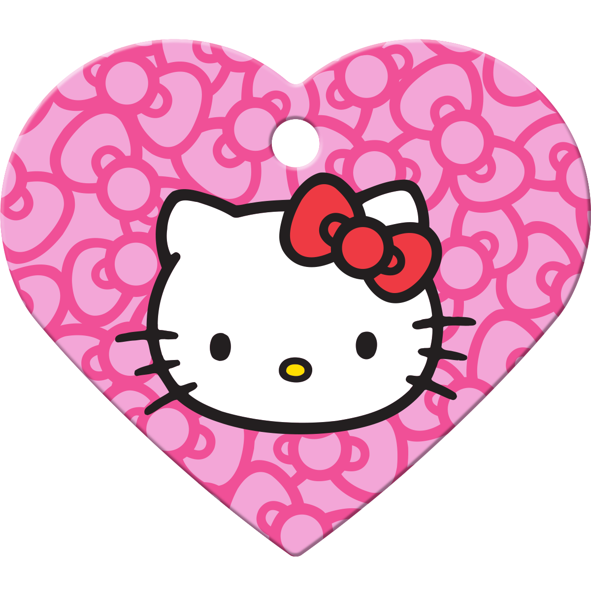 Front view of heart-shaped Hello Kitty pet ID tag showing white face with red bow on pink patterned background and top hole