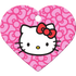 Front view of heart-shaped Hello Kitty pet ID tag showing white face with red bow on pink patterned background and top hole