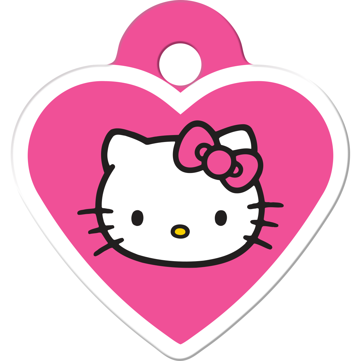 Front view of Hello Kitty dog ID tag showcasing a pink and white heart design on a white background