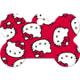 Front view of Hello Kitty dog ID tag showcasing a red bone shape and repeating Hello Kitty pattern on a transparent background