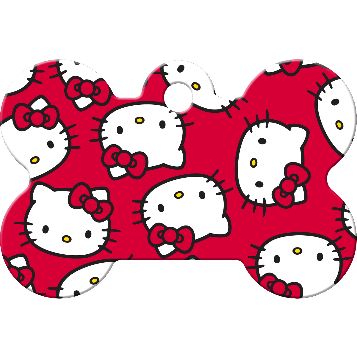 Front view of Hello Kitty dog ID tag showcasing a red bone shape and repeating Hello Kitty pattern on a transparent background