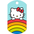 Front view of Hello Kitty dog ID tag with rainbow stripes on light blue background, top hole for split ring