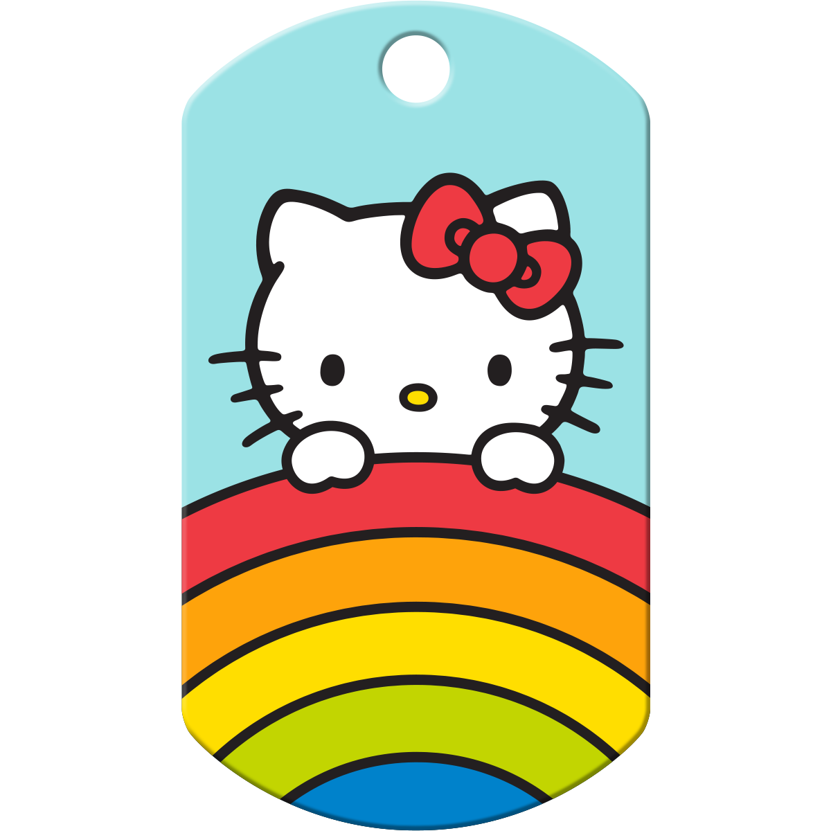 Front view of Hello Kitty dog ID tag with rainbow stripes on light blue background, top hole for split ring