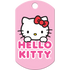 Front view of Hello Kitty brass dog ID tag showcasing Hello Kitty face and HELLO KITTY text on pink background with top hole for split ring