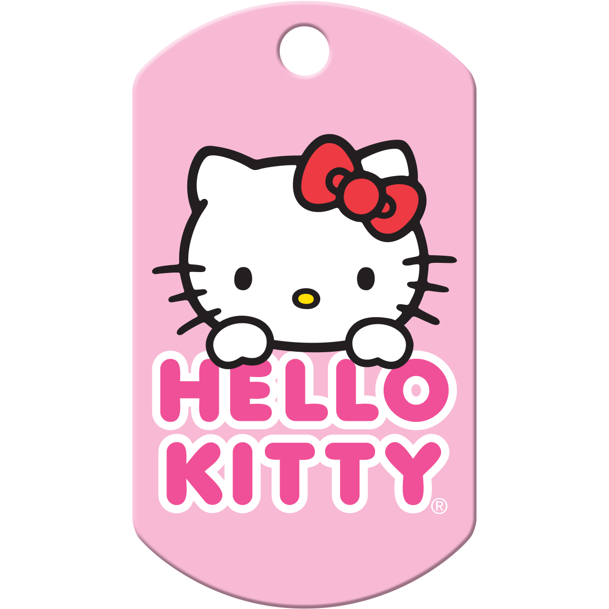 Front view of Hello Kitty brass dog ID tag showcasing Hello Kitty face and HELLO KITTY text on pink background with top hole for split ring
