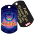 Close-up front and back of Black Panther dog ID tag showcasing Wakanda Forever design and engraved contact text on black back