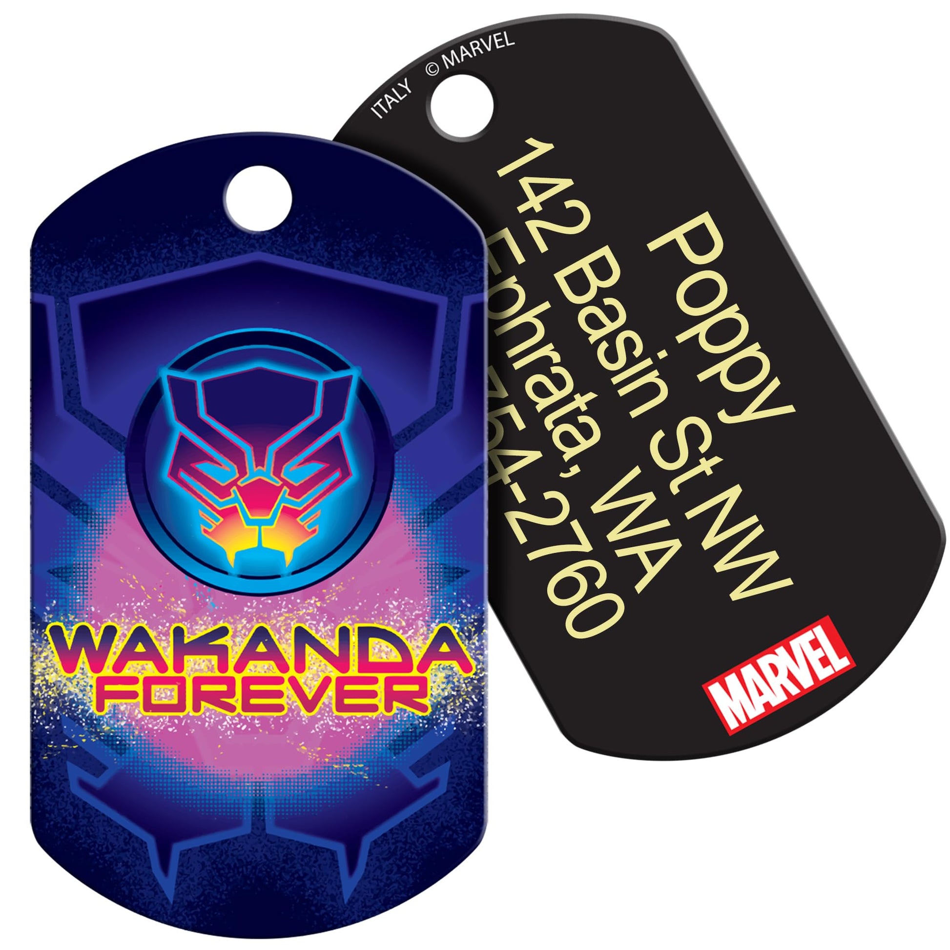 Close-up front and back of Black Panther dog ID tag showcasing Wakanda Forever design and engraved contact text on black back