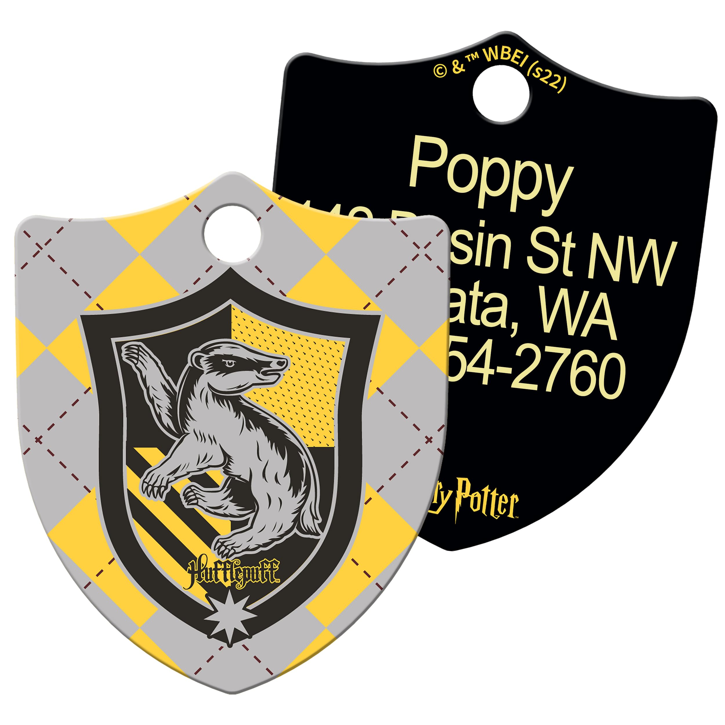 Close up of two Harry Potter Hufflepuff pet ID tags with engraved name Poppy and printed artwork on white background