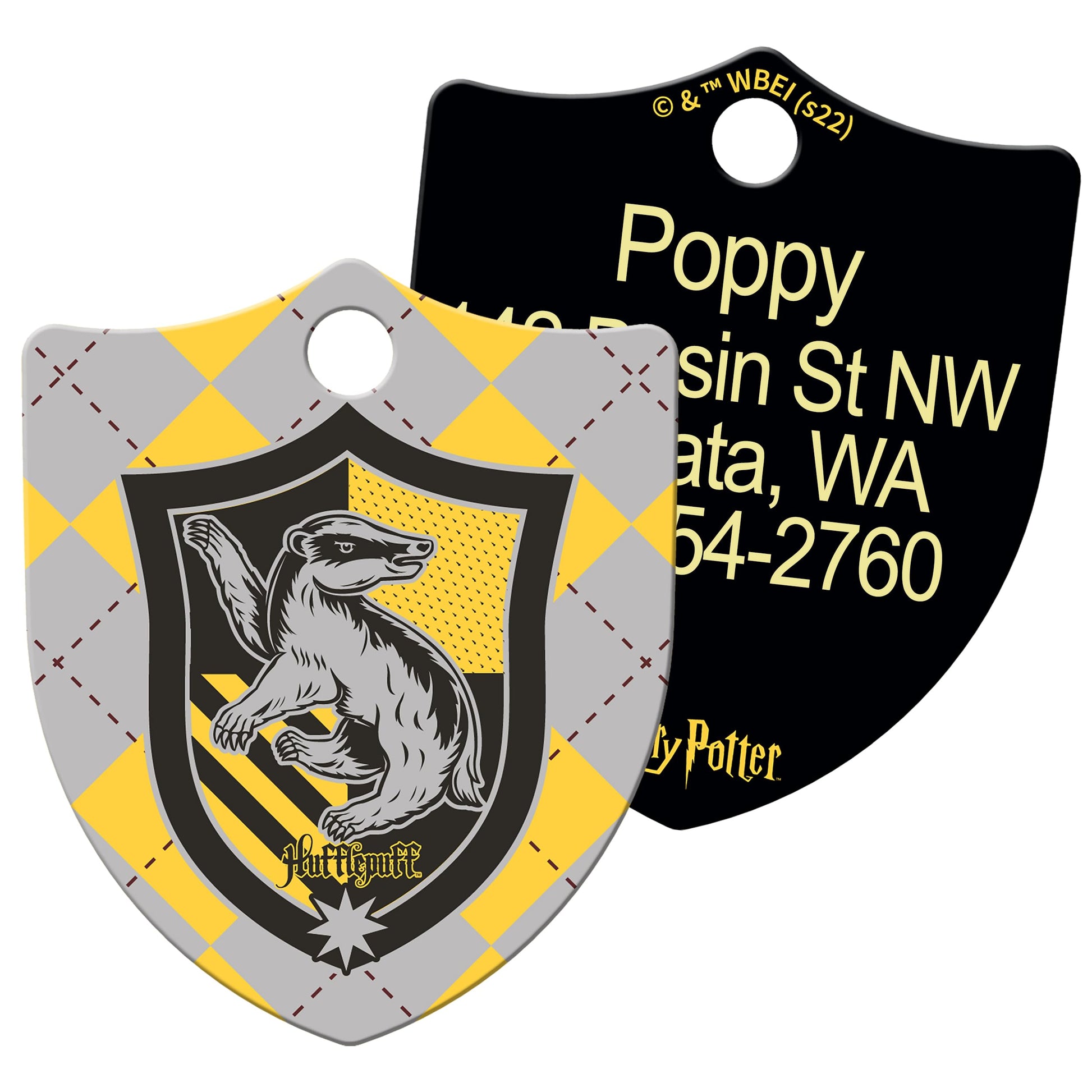 Close up of two Harry Potter Hufflepuff pet ID tags with engraved name Poppy and printed artwork on white background