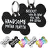 Close-up of black steel dog ID tag showing white HANDSOME front text and split ring, 1.25 x 1 in, white background