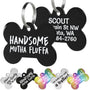 Close-up of black steel dog ID tag showing white HANDSOME front text and split ring, 1.25 x 1 in, white background