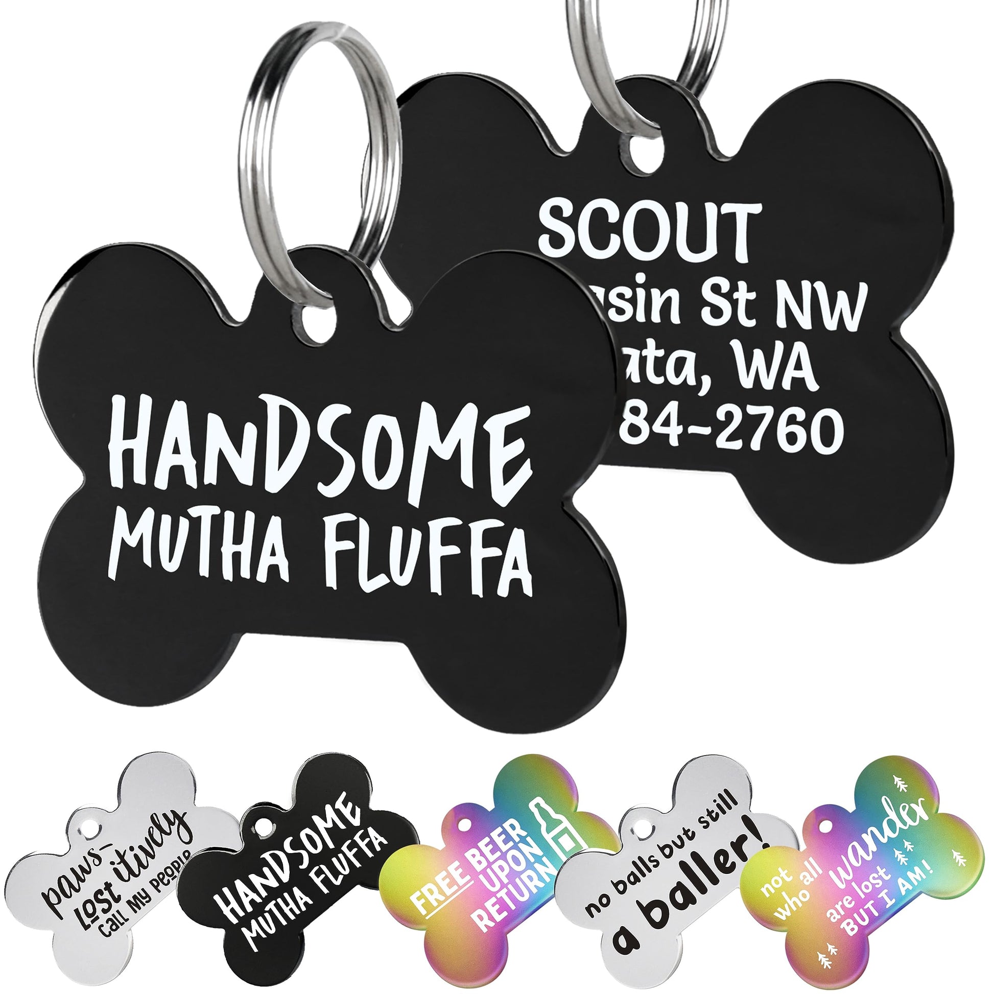 Close-up of black steel dog ID tag showing white HANDSOME front text and split ring, 1.25 x 1 in, white background