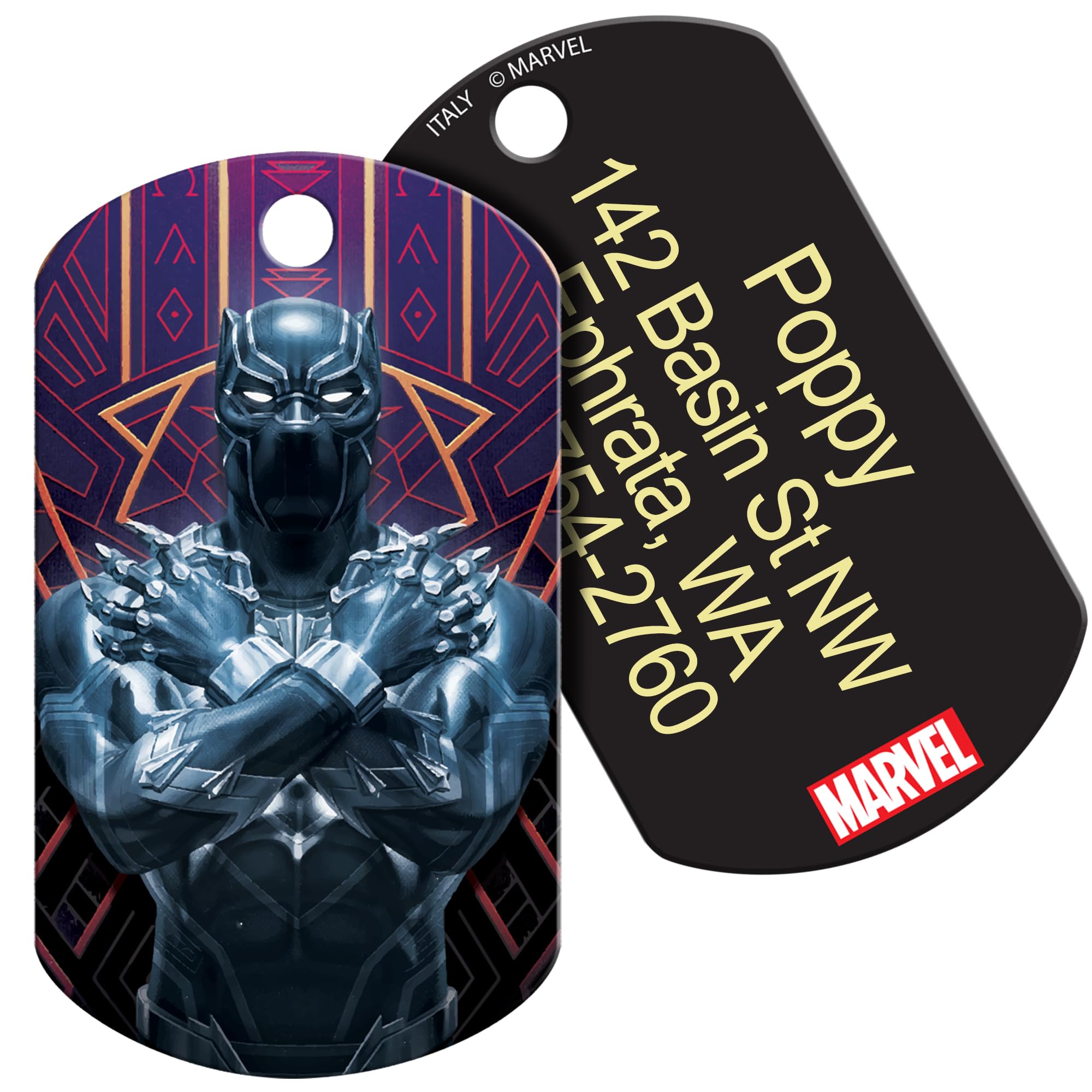 front and back close-up of Black Panther dog ID tag showing painted Wakanda design and laser-engraved custom text on black brass