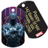 front and back close-up of Black Panther dog ID tag showing painted Wakanda design and laser-engraved custom text on black brass