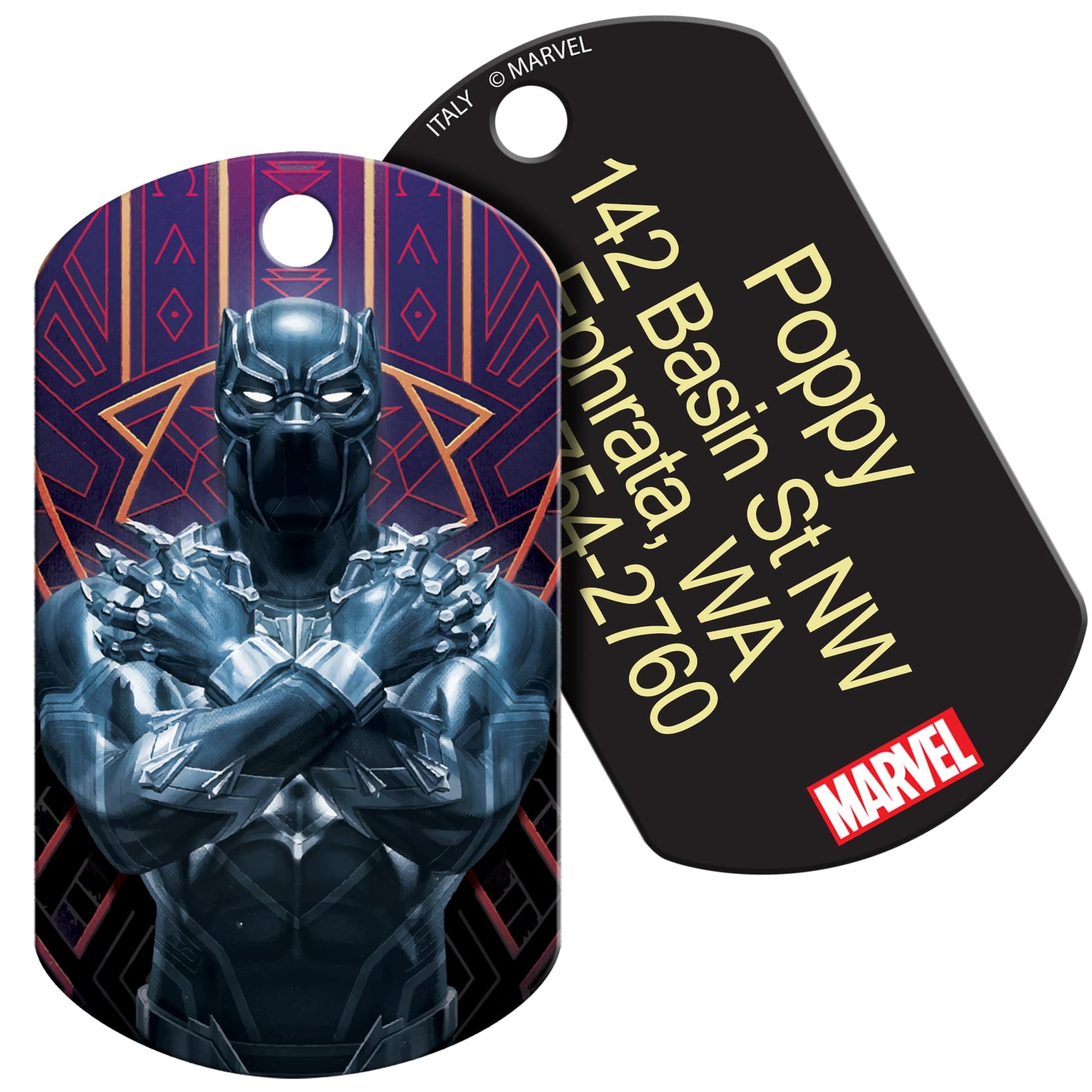 front and back close-up of Black Panther dog ID tag showing painted Wakanda design and laser-engraved custom text on black brass