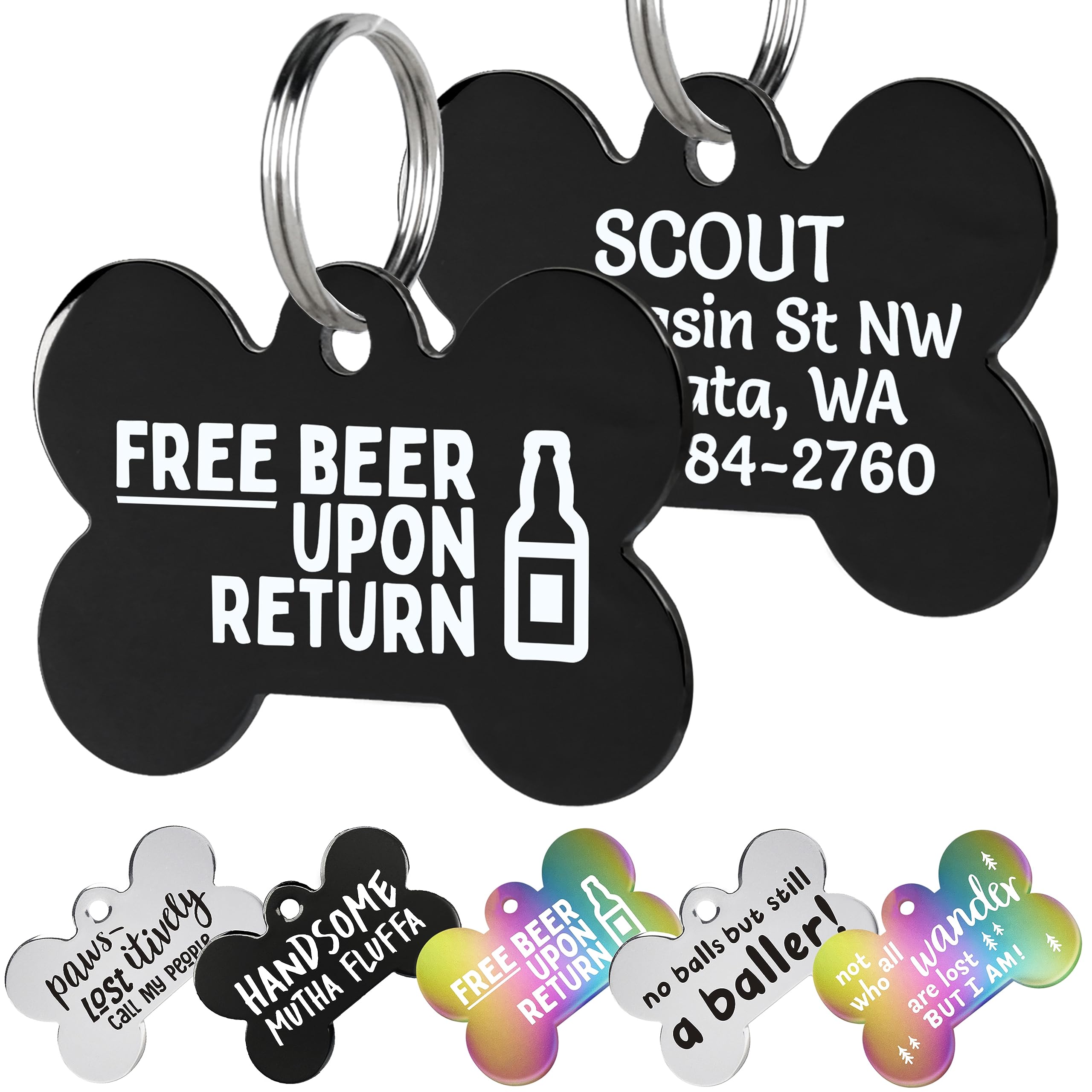 Front and back of black stainless steel bone dog tag showing FREE BEER UPON RETURN front text and engraved back on white background