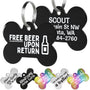 Front and back of black stainless steel bone dog tag showing FREE BEER UPON RETURN front text and engraved back on white background