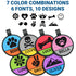 Close-up of two-tone silicone dog ID tags with embossed icons and engraved name bands and text 7 colors 6 fonts 10 designs