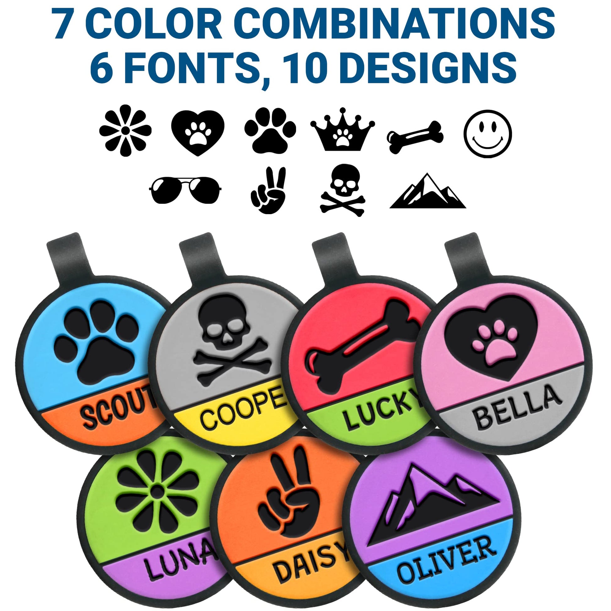 Close-up of two-tone silicone dog ID tags with embossed icons and engraved name bands and text 7 colors 6 fonts 10 designs