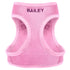 Close-up front view of pink Personalized Step-In Air Mesh Dog Harness showing embroidered name BAILEY on breathable mesh with white background