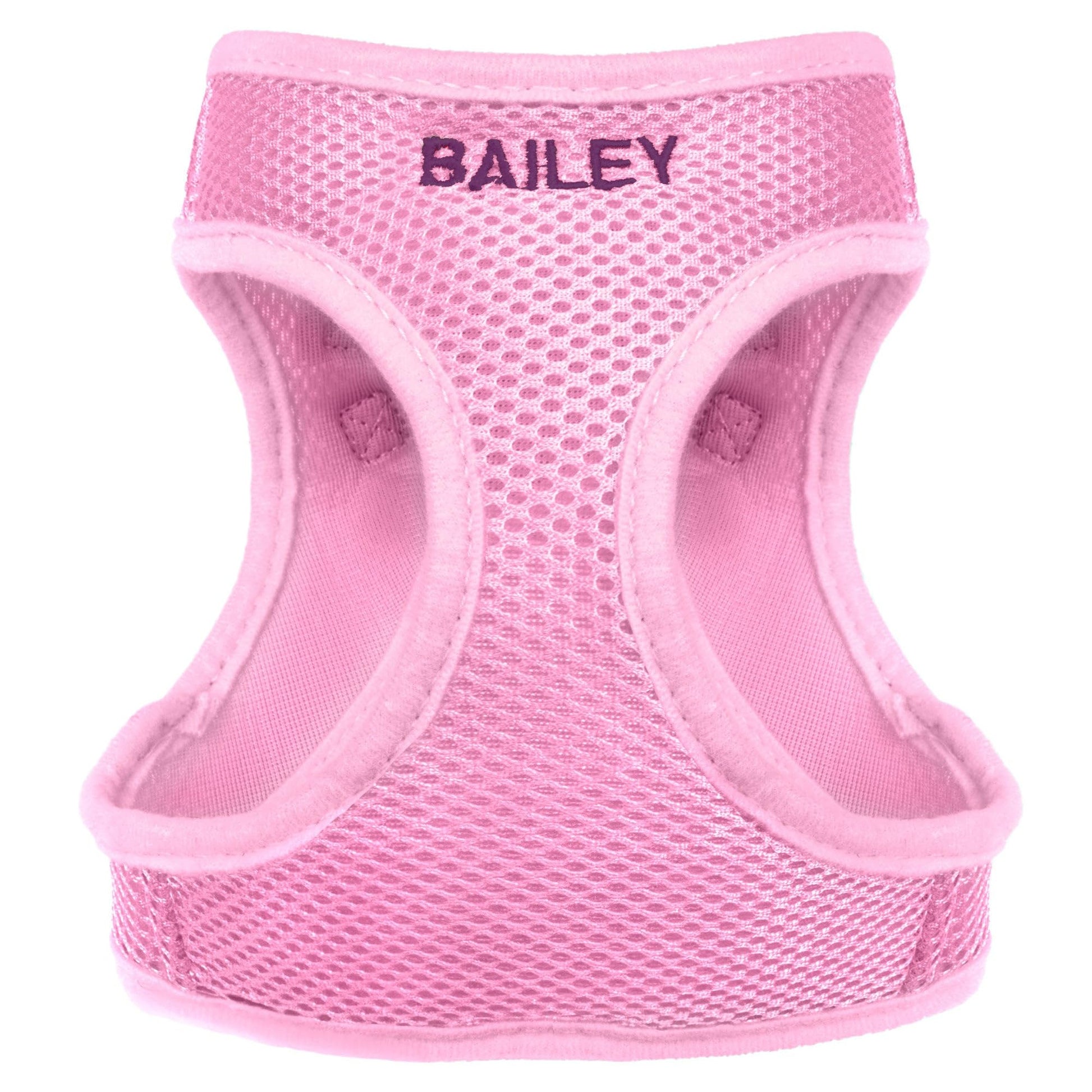 Close-up front view of pink Personalized Step-In Air Mesh Dog Harness showing embroidered name BAILEY on breathable mesh with white background
