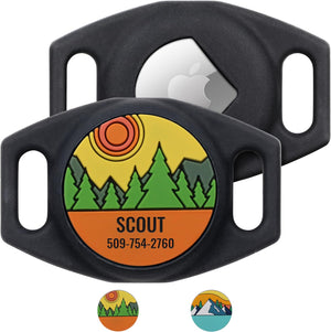 Front view of silicone AirTag dog collar holder showcasing mountain design and engraved name SCOUT on white background