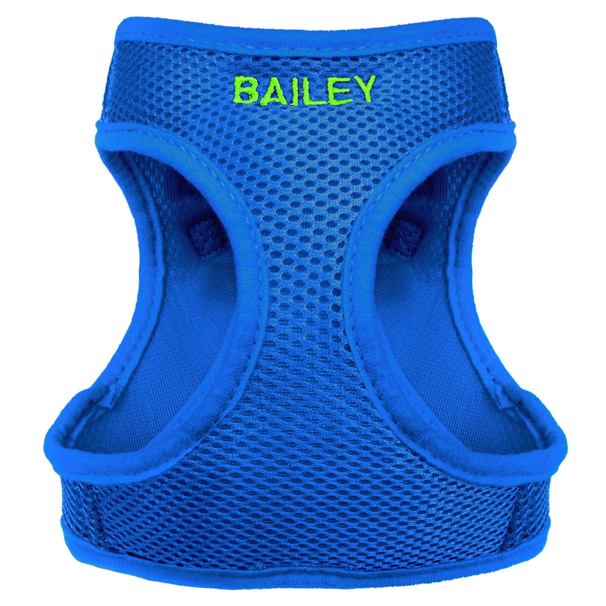 Close-up front of blue personalized step-in air mesh dog harness showcasing embroidered name BAILEY and breathable mesh