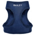 Front close-up of navy Personalized Step-In Air Mesh dog harness showing embroidered name BAILEY and breathable mesh on white background