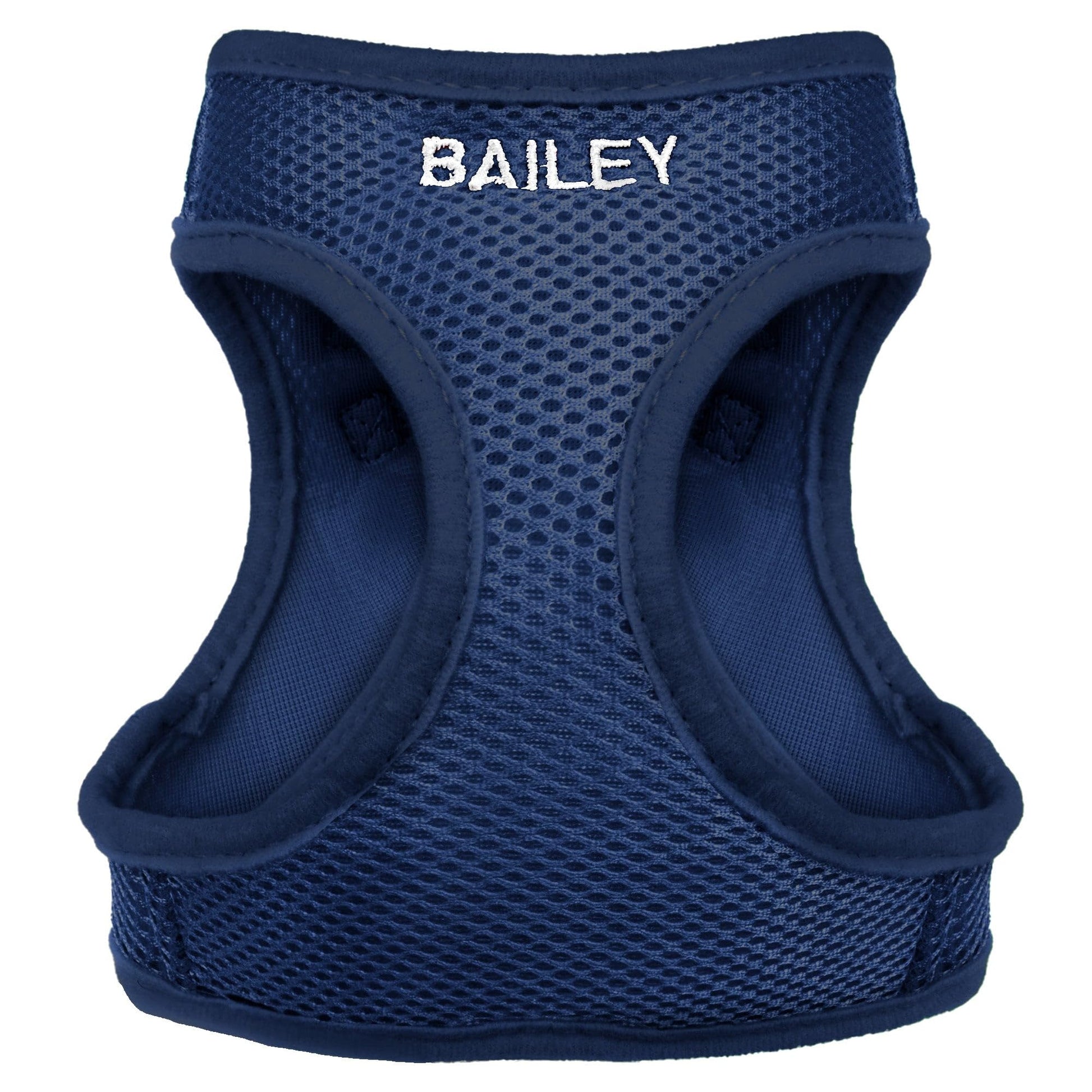 Front close-up of navy Personalized Step-In Air Mesh dog harness showing embroidered name BAILEY and breathable mesh on white background