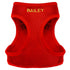 Close-up of red step-in air mesh dog harness showing yellow embroidered name BAILEY on breathable mesh, white background